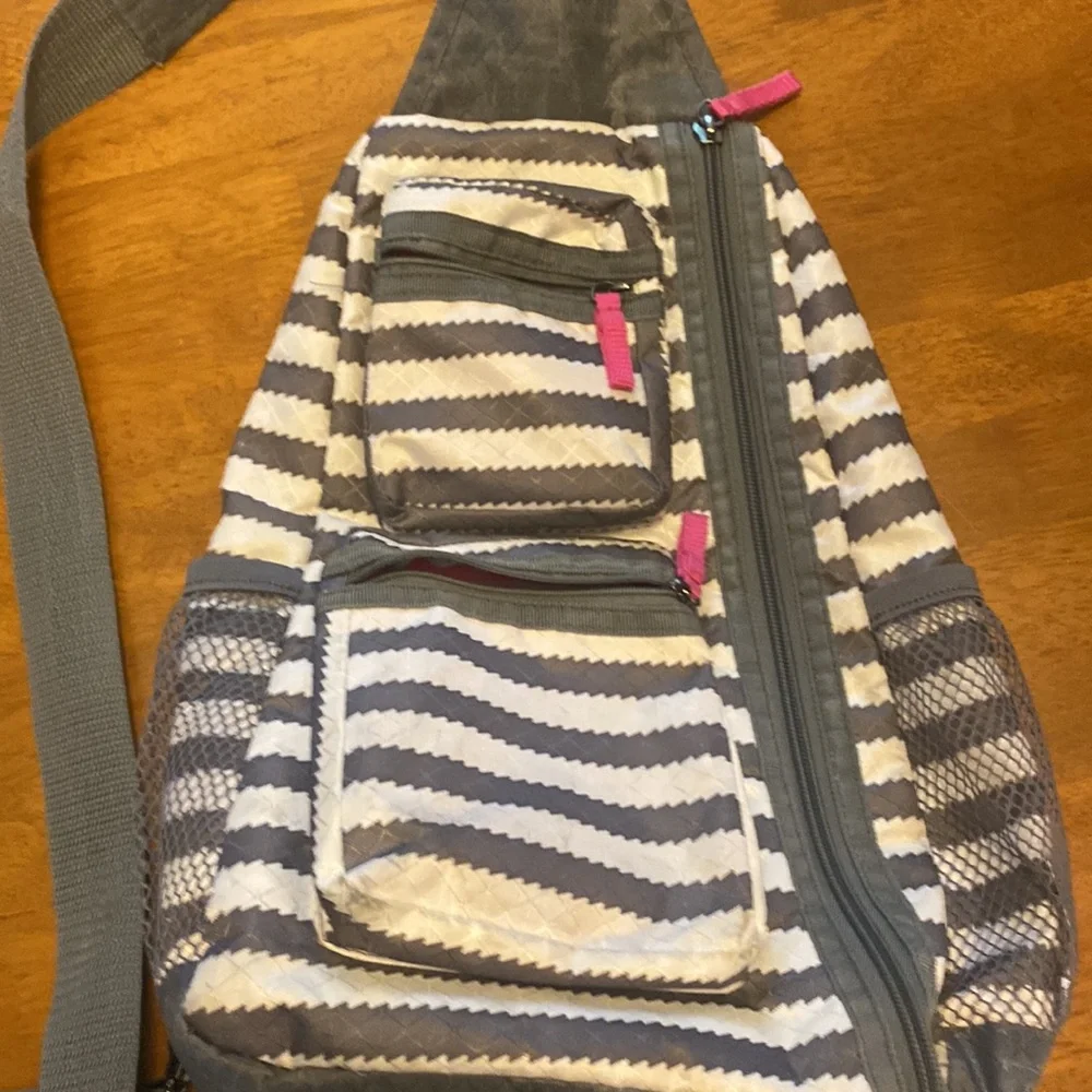 Thirty One Gray White Pink One Strap Crossbody Backpack GUC